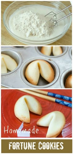 four pictures showing how to make fortune cookies in the oven and then baking them into cupcake tins