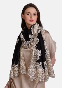 Elegant Silk Pashmina Shawl With Intricate Embroidery, Elegant Festive Scarves With Embroidered Border, Elegant Winter Shawl Dupatta, Elegant Cream Shawl Dupatta, Elegant Cream Shawl With Embroidered Border, Elegant Embroidered Pashmina Silk Scarf, Elegant Shawl With Embroidered Border, Elegant Cream Scarves For Festive Season, Elegant Formal Shawl With Intricate Embroidery