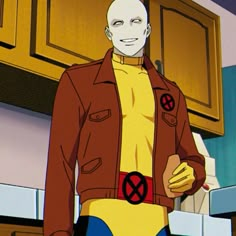 an animated man in a red jacket and yellow shirt standing next to a kitchen counter