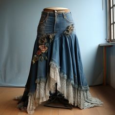 Dishfunctional Designs: Ideas For What To Do With Old Lace Diy Clothes Design Dresses, Denim And Lace Skirt, Upsicle Clothes Ideas, Clothing Upcycle Ideas, Diy Clothing Design Ideas, Denim Upcycle Clothing, Repurposed Clothing Diy, Thrift Upcycle Clothes, Refashion Clothes Upcycling