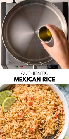 mexican rice in a skillet with limes on the side