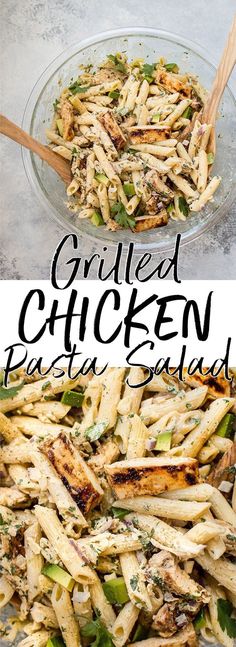 grilled chicken pasta salad in a glass bowl