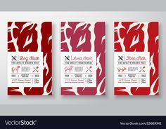 three wedding cards with red and white patterns