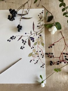 the paper is laying on the table with berries and greenery next to it, along with a pair of scissors