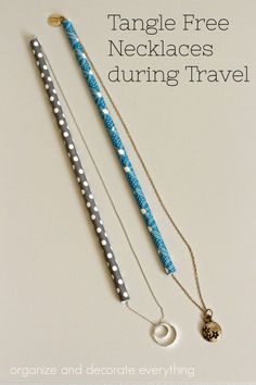 three necklaces with the words tangle free necklaces during travel on them and an image of