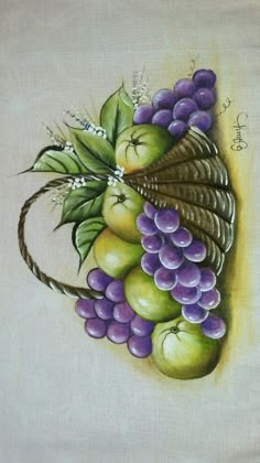 a painting of grapes and apples in a basket