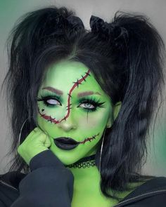 Cool Costume Makeup, Halloween Makeup Ideas Women, Easy Monster Makeup Women, Green Face Makeup Halloween, Green Halloween Makeup Looks, Red Wig Halloween Costumes Ideas, Women Frankenstein Costume, Halloween Body Painting Ideas, Frankinstine Makeup