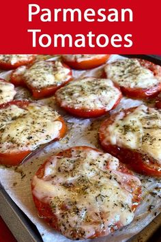 tomatoes with cheese and herbs on top in a baking pan, ready to be baked