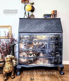 an old dresser has been painted with intricate designs