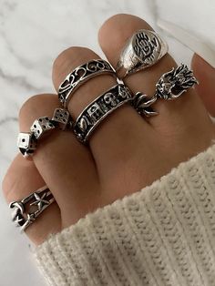 6pcs Vintage Skull Ring - AnotherChill Grunge Ring, Edgy Jewelry, Vintage Boho Fashion, Ootd Outfits, Vintage Skull, School Clothes, Dope Jewelry, Funky Jewelry, Skull Ring