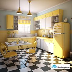 a yellow and white kitchen with checkered flooring