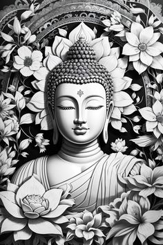 a buddha statue surrounded by flowers and leaves in black and white colors with an ornate border around it