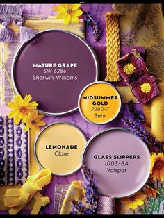 three shades of yellow and purple are featured in this advertisement for the new cosmetics brand