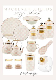 the pink and white checkered kitchenware is set up with gold trimmings