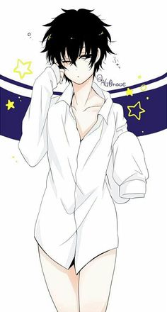 an anime character with short black hair and white shirt, standing in front of stars