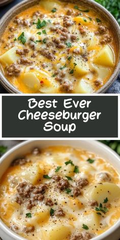 two pictures showing different types of cheeseburger soup