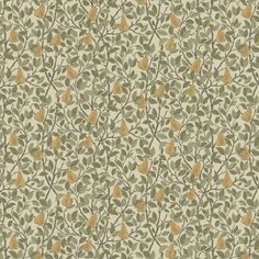 a wallpaper pattern with pears and leaves on the branches in green, yellow and beige