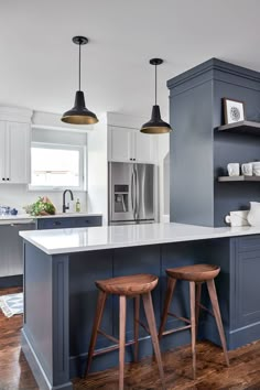 two stools are in front of the kitchen island