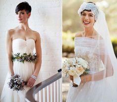 two pictures of the same woman in their wedding gowns, one is wearing a veil