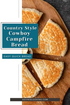 a wooden cutting board topped with two slices of cowboy campfire bread