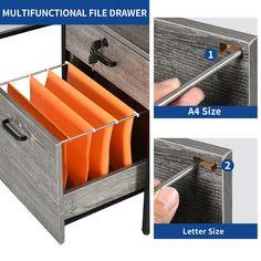 the drawer is open and there are instructions to put files in it, including an orange folder