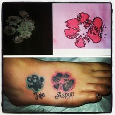 three different tattoos on the feet and foot