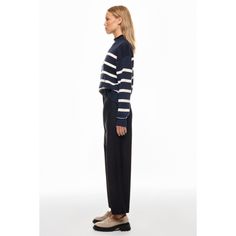 Blue stripe knit (75% Organic Cotton, 15% Nylon, 10% Cashmere). Mock neck. Long sleeves. Pull-on style. 21" from shoulder to hemline. Imported. Nautical Sweater, Rent The Runway, Club Monaco, Striped Knit, Blue Stripes, Monaco, Mock Neck, Nautical, Cashmere