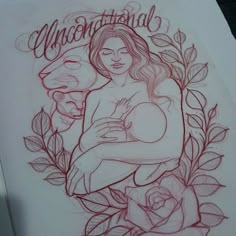 a drawing of a woman hugging a dog with roses around her and the words international on it