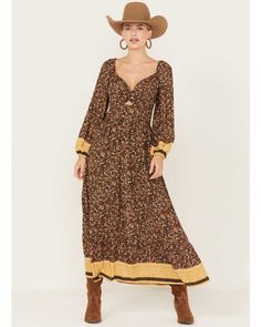 Wild Moss Women's Floral Border Print Long Sleeve Maxi Dress Long Sleeve Maxi Dress Black, Semi Casual Dresses, Dan Post Boots Woman, Girl Cowboy Boots, Boot Barn, Women's Circle, Skirts With Boots, Border Print, Todays Outfit