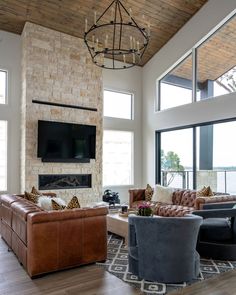 a living room filled with furniture and a flat screen tv mounted to the wall over a fireplace