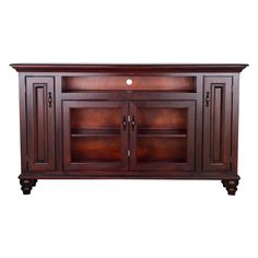 a large wooden entertainment center with two doors and shelves on one side, in dark wood