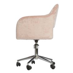 an office chair with wheels and a pink upholstered seat cover on the back