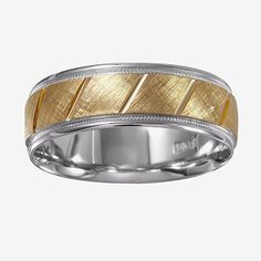 a gold and silver wedding band with two toneed lines on the inside of it