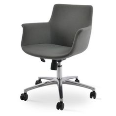 a gray office chair with wheels and casteors on an isolated white background, viewed from the front