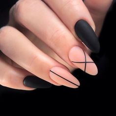 Black Nails Oval Shape, Nail Design Nude Color, 2024 Acrylic Nail Designs, Black And Nude Nails, Nails With Black, Blush Pink Nails, Tape Nail Art, Romantic Nails