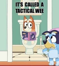 a cartoon dog is standing in front of a toilet with the caption it's called a tactical wee