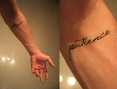 two pictures of someone's arm with the word patience tattooed on it