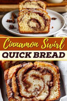 cinnamon swirl quick bread on a white plate