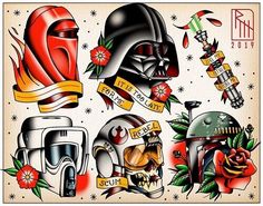 some tattoos with different designs on them, including helmets and flowers in the middle one has a star wars theme