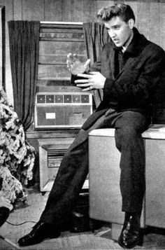 a man sitting on top of a counter next to a christmas tree