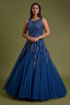 Blue net evening gown, Sequins embroidered evening gown, Illusion neckline evening gown, Blue sequin gown, Net evening dress, Formal blue gown, Party dresses, Gown, Gowns, Gown for Women, Gowns for Wedding Sequins Embroidery, Designer Gowns, Mauritius, Indian Fashion, Party Wear, Evening Gowns