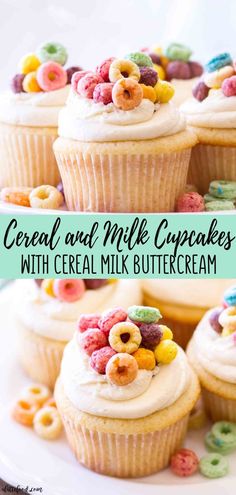 some cupcakes with cereal and milk on top are sitting on a white plate