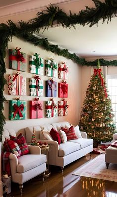 a living room decorated for christmas with presents on the wall