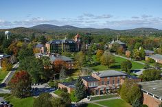 an aerial view of a college campus surrounded by trees