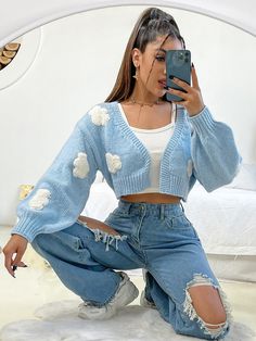 Baby Blue Casual  Long Sleeve Acrylic Graphic Cardigan Embellished Slight Stretch Spring Women Knitwear Fashion Inspo Spring 2024, Makeover Aesthetic, Dr Closet, Mode Zara, Trendy Outfits For Teens, Shein Dress, Autumn Clothes, Dream Style, Style Aesthetic