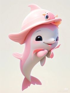 a toy dolphin with a pink hat on its head is in the air and has it's mouth open