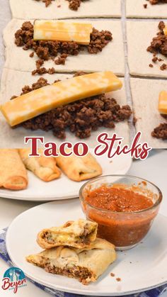 some taco sticks are sitting on a plate with salsa and sauce in the middle