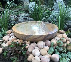 a wooden bowl sitting on top of a pile of rocks next to plants and flowers