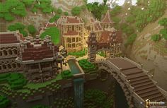 an image of a minecraft city with lots of trees and buildings on it's sides