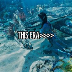 an image of a woman diving in the ocean with fish and words that read this era